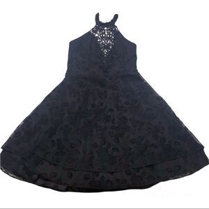 Zum Zum Vintage Black Crushed Velvet Floral Print Embroidered Formal Dress‎